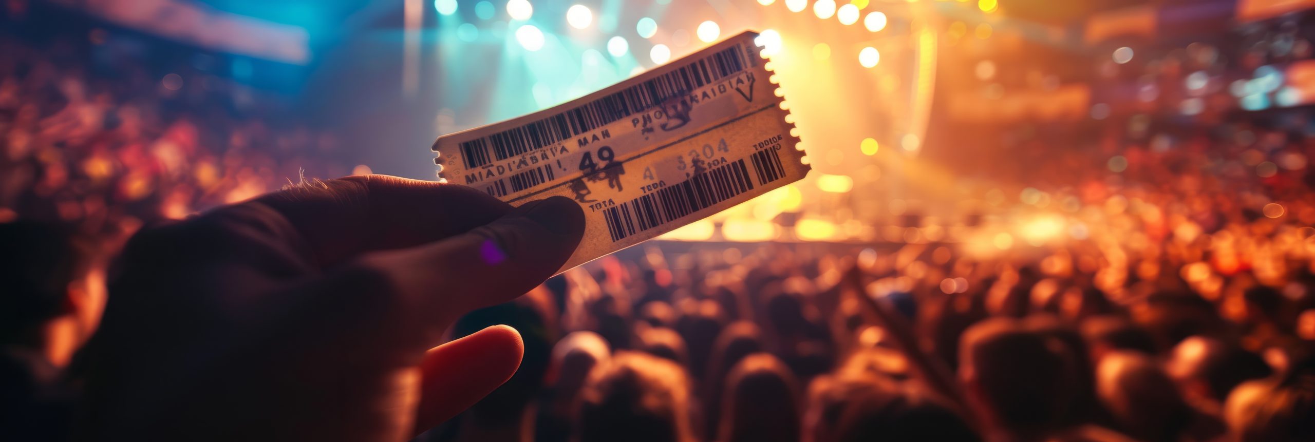 A person's hand is holding a pair of concert tickets in front of a dense crowd of people at an event. The background shows a lively and packed audience.
